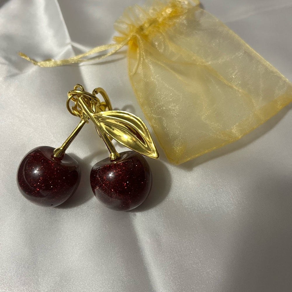 New. Sparkly Gold and Red Cherry Charm - Picture 2 of 2